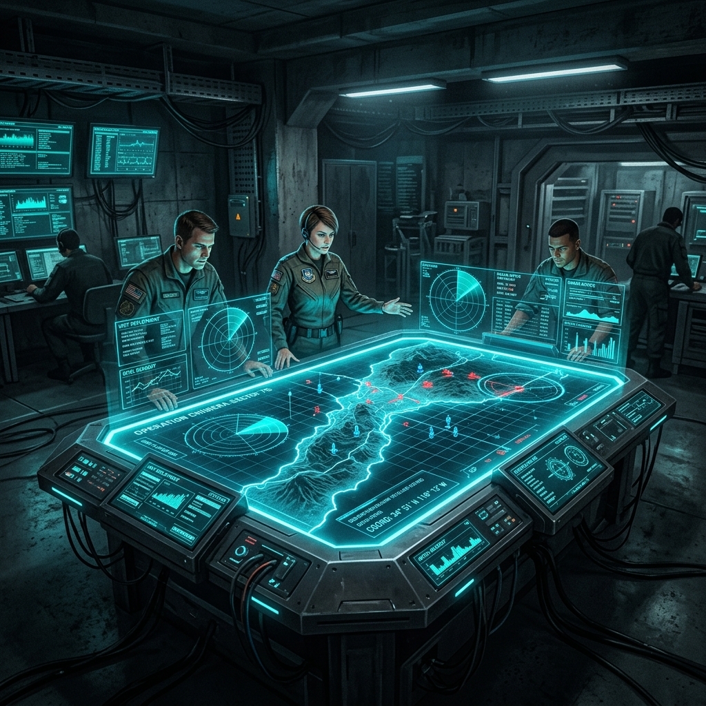 Tactical situation table with map markers and blueprint overlays