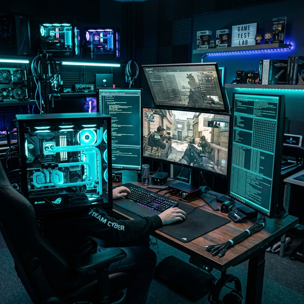 Gaming command station with multiple monitors and ambient lighting